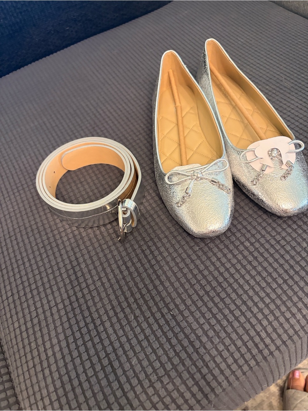 FREE Belt with Michael Kors Silver Metallic Ballet Flats Accent bow!
